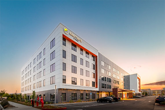 Exterior photo of the Element Hotel San Jose Airport. This hotel was built by Huff Construction Company, a premiere hospitality general contractor in the Bay Area and Northern California