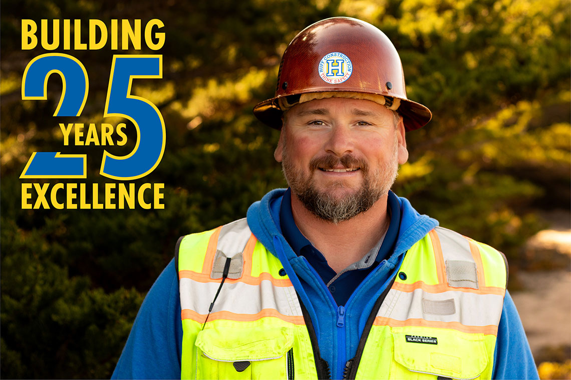 Portrait of Will Huff, Superintendent, with a graphic about his 25th' work anniversary at Huff Construction Company
