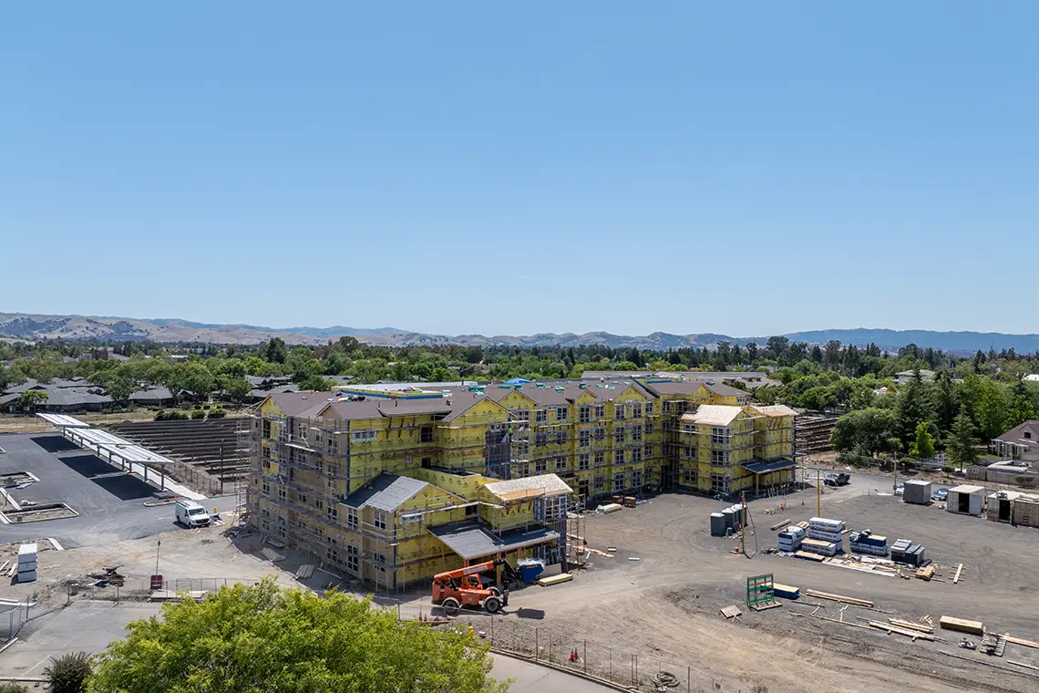 Drone view of the construction of the Pacific Avenue Senior Housing - affordable housing development in Livermore, CA