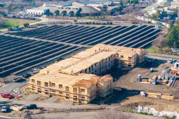 Aerial view of wood framing progress at Pacific Avenue Senior Homes in Livermore