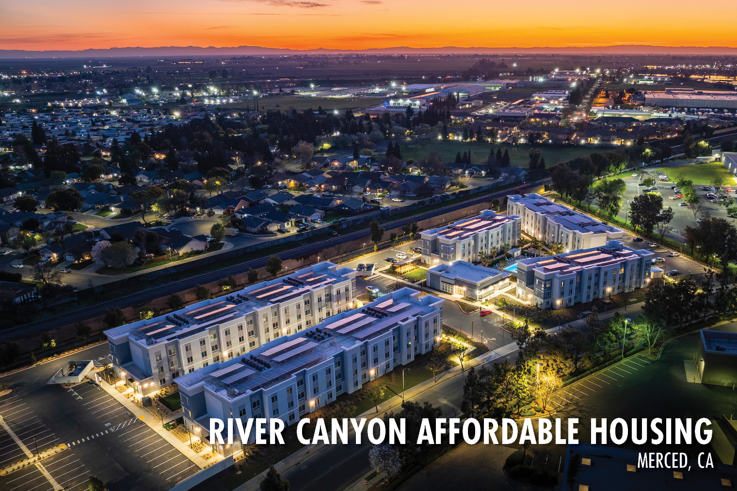 River Canyon Affordable Housing Merced CA Aerial View at Sunset