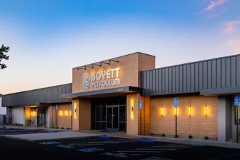Photo of the Boyett Petroluem Corporate Headquarters in Riverbank, CA. Taken at twilight as the sun went down but the exterior lights were on.