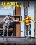 Huff Construction ironworkers erecting structural steel at the JS West Headquarters in Modesto, CA