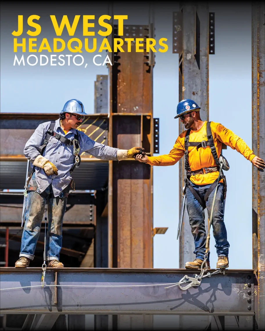 Huff Construction ironworkers erecting structural steel at the JS West Headquarters in Modesto, CA
